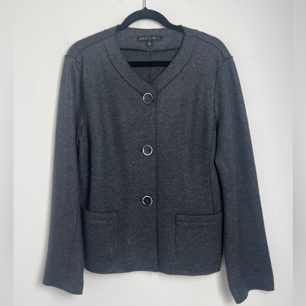 Lafayette 148‎ New York Size 12 Charcoal Gray 100% Wool Minimalist Blazer Jacket